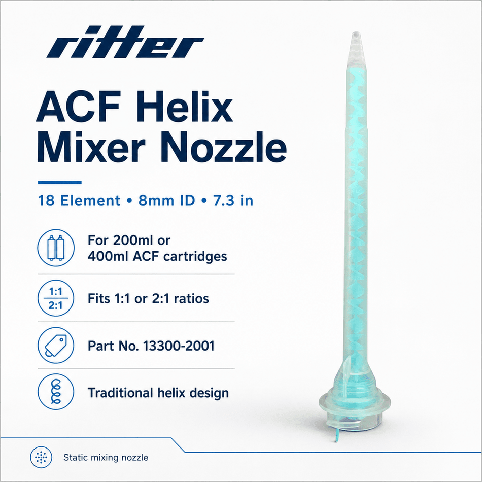 Ritter ACF Helix mixing nozzle 18 Element, 7.3 Inches Long, 8MM ID for 200ml or 400ml ACF cartridge ratios 1:1 or 2:1 13300- 2001 Ritter