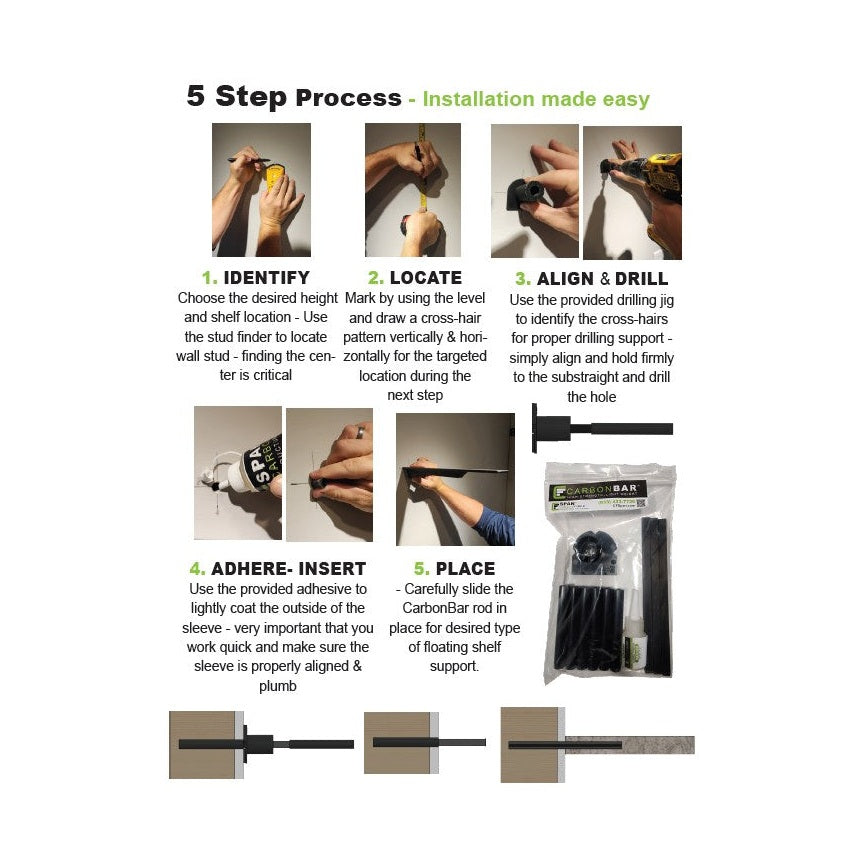 CarbonBar™ DIY Floating Shelf Starter Kit – 7in -12in″ Rods CarbonBar