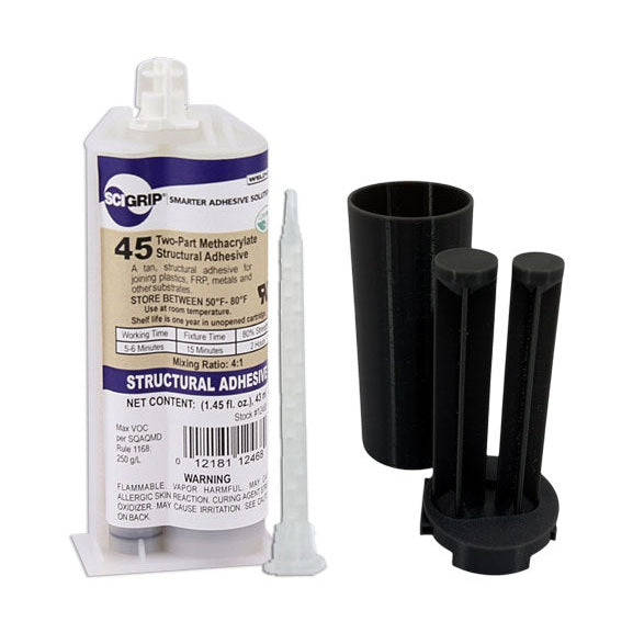 Weld-On SciGrip 45 Tan Thick Non-Sag MMA Adhesive for Primer-Less Bonding of Aluminum, Metals, Plastics and Acrylics - 5-6 Minute Working Time - 50mL and 490mL 4:1 Mix Ratio Weld-On