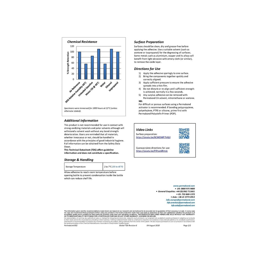 Permabond 802 Cyanoacrylate high viscosity, fast curing, surface insensitive adhesive Permabond