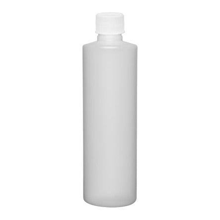 8 oz. 1/2 pint Natural Round HDPE Plastic Bottle 24mm outlet with included 24/410 White Ribbed Cap PerigeeDirect