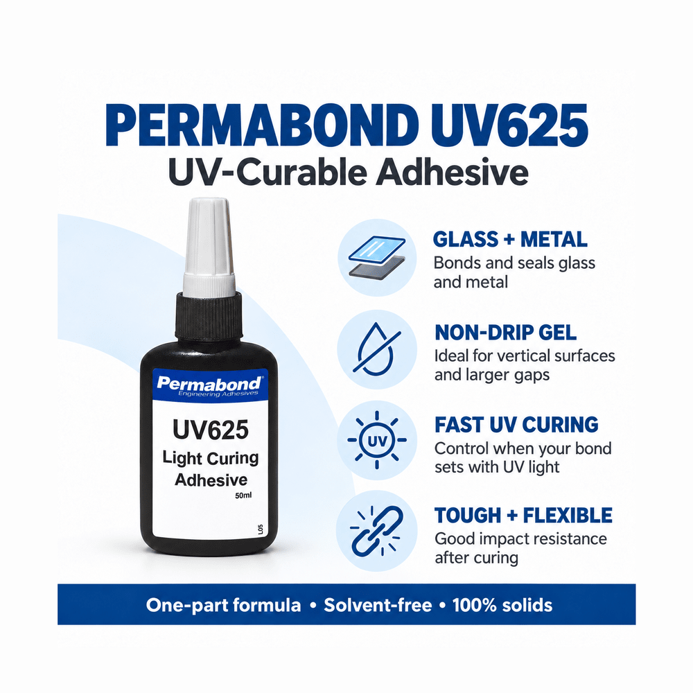 Permabond UV625 UV non-drip thick UV gel glue for gap filling and vertical wall bonding Permabond