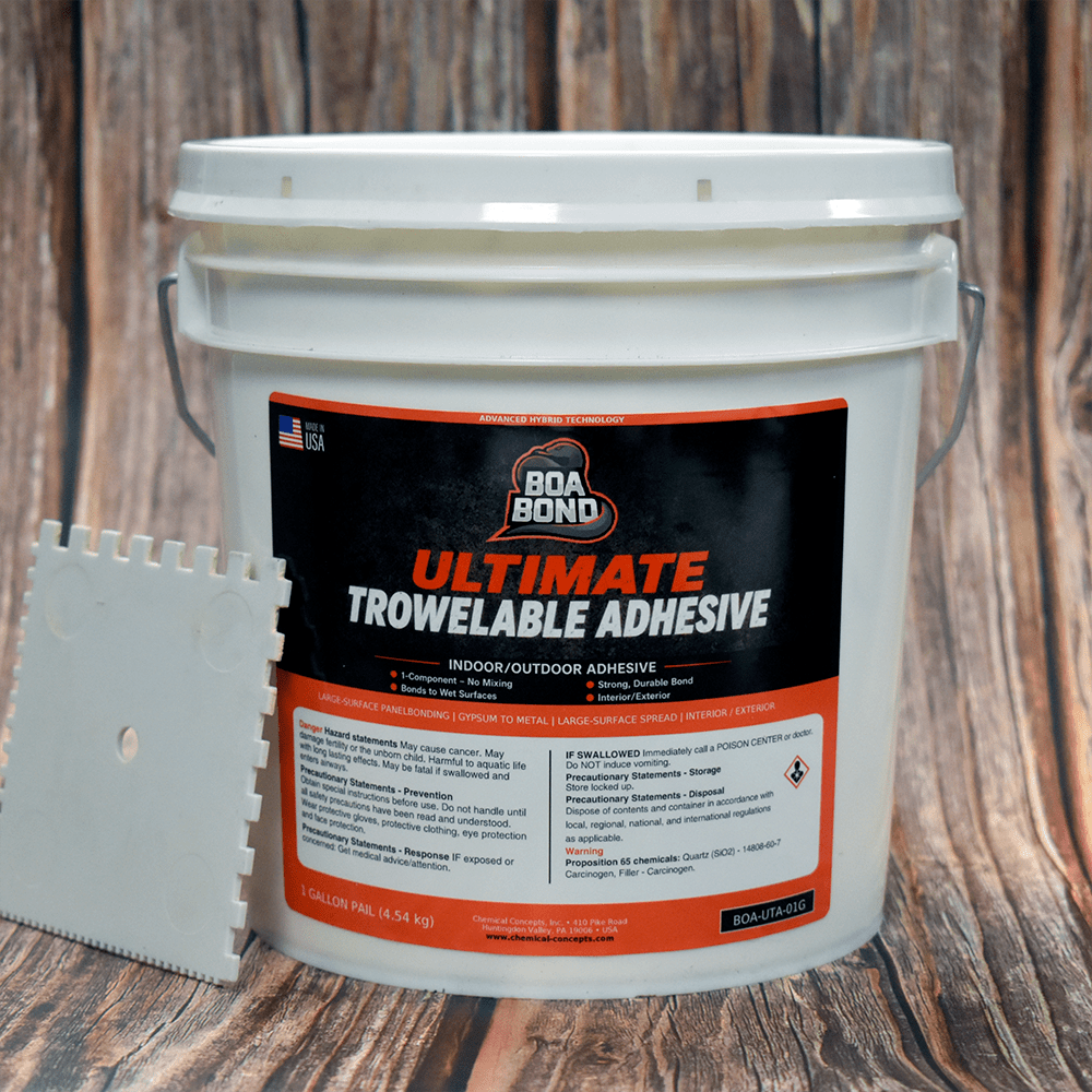 BoaBond Ultimate Trowelable Adhesive applied to wood panel
