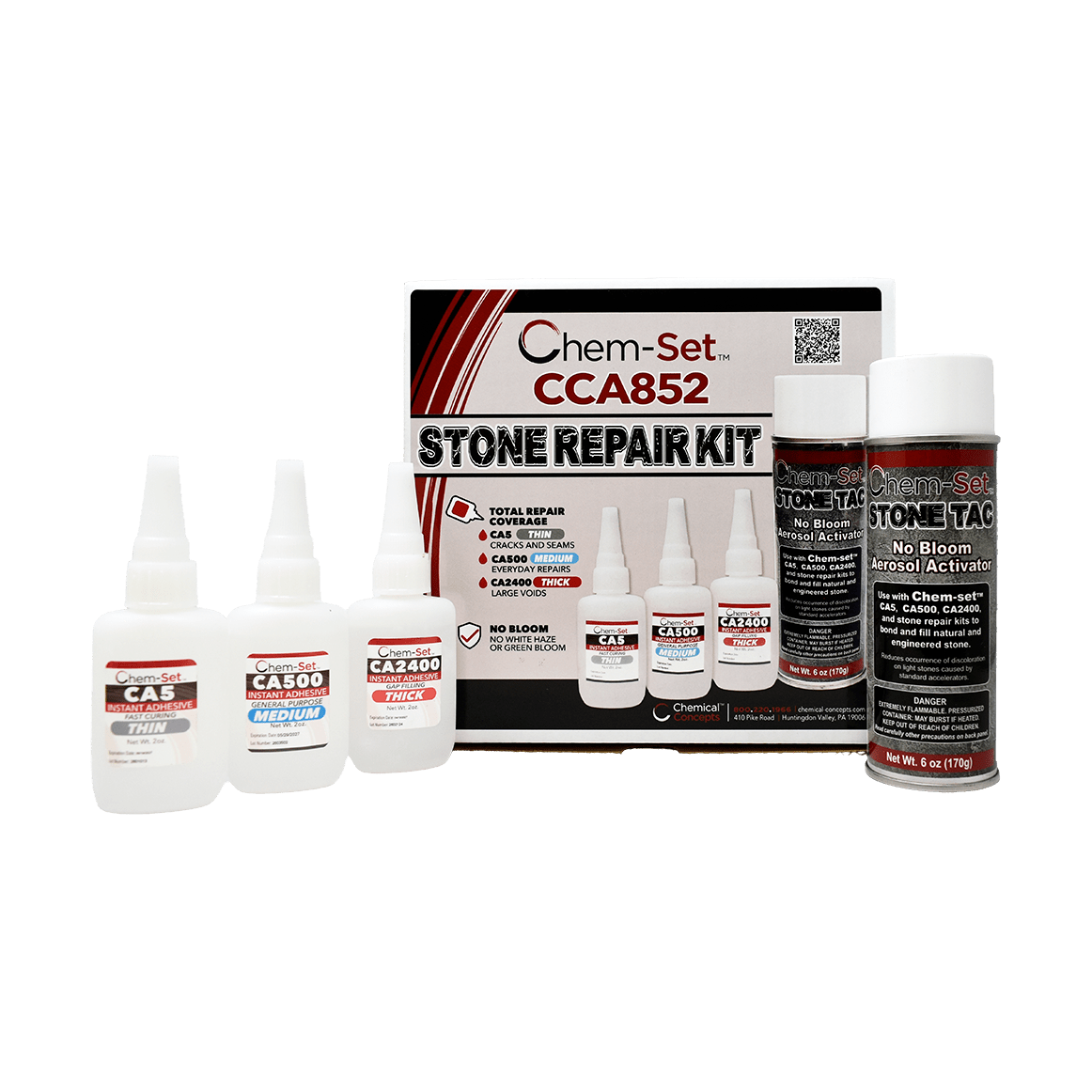 Chem-Set No-Bloom Pro CA Glue Stone Repair Kit, 2 oz