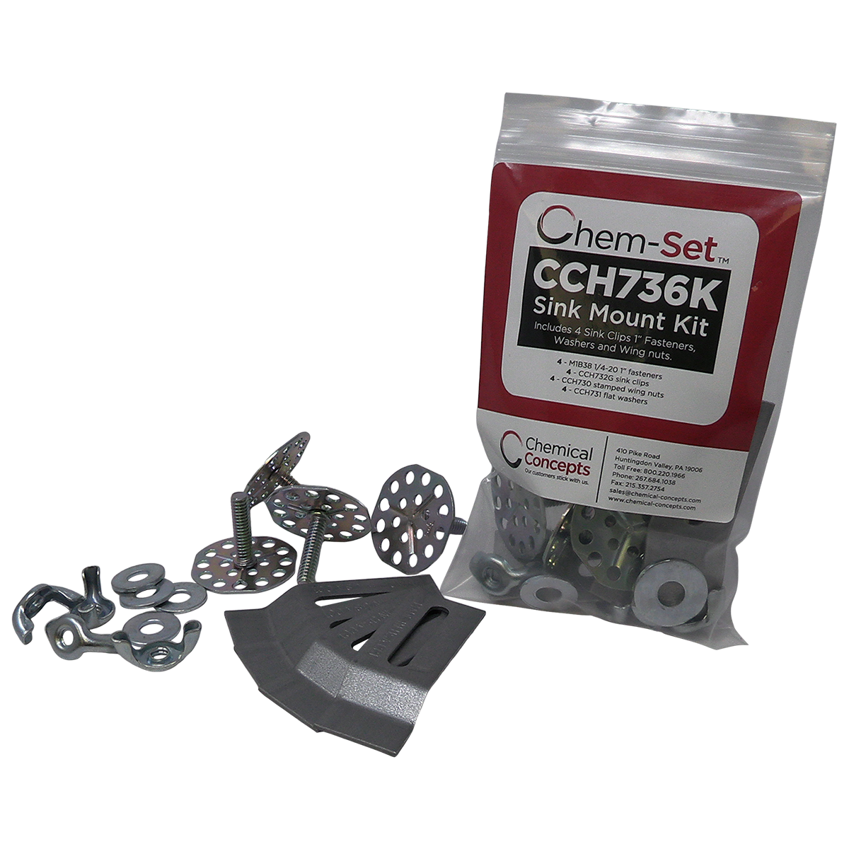 Chem-Set Bonded Sink Mount Kit, four studs, clips, washers, and wing nuts