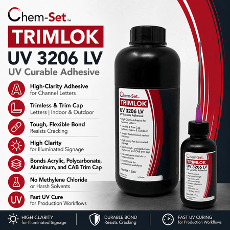 Chem-Set TrimLok UV3206LV Low Viscosity Clear UV Curable Adhesive for Signage and Plastics Trim Lok