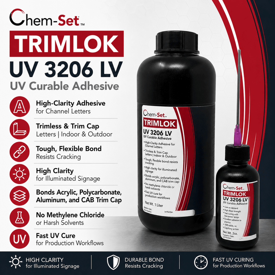 Chem-Set TrimLok UV3206LV Low Viscosity Clear UV Curable Adhesive for Signage and Plastics Trim Lok