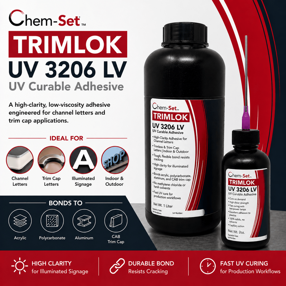 Chem-Set TrimLok UV3206LV Low Viscosity Clear UV Curable Adhesive for Signage and Plastics Trim Lok