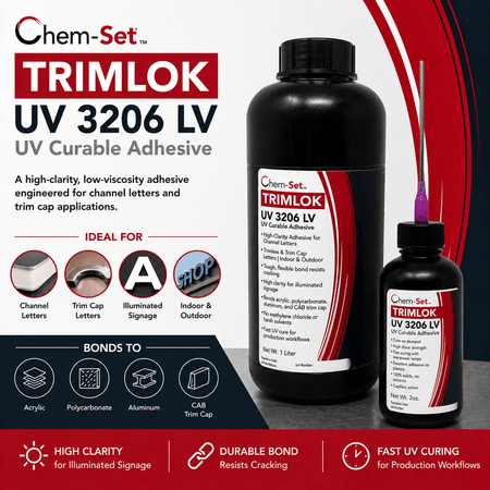 Chem-Set TrimLok UV3206LV Low Viscosity Clear UV Curable Adhesive for Signage and Plastics Trim Lok