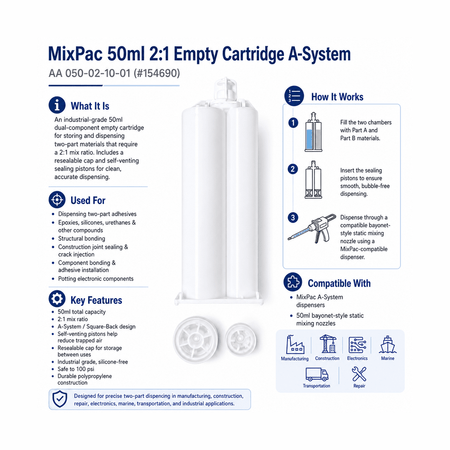 MixPac 50ml 2:1 Empty Cartridge A-System AA 050-02-10-01 #154690 MixPac
