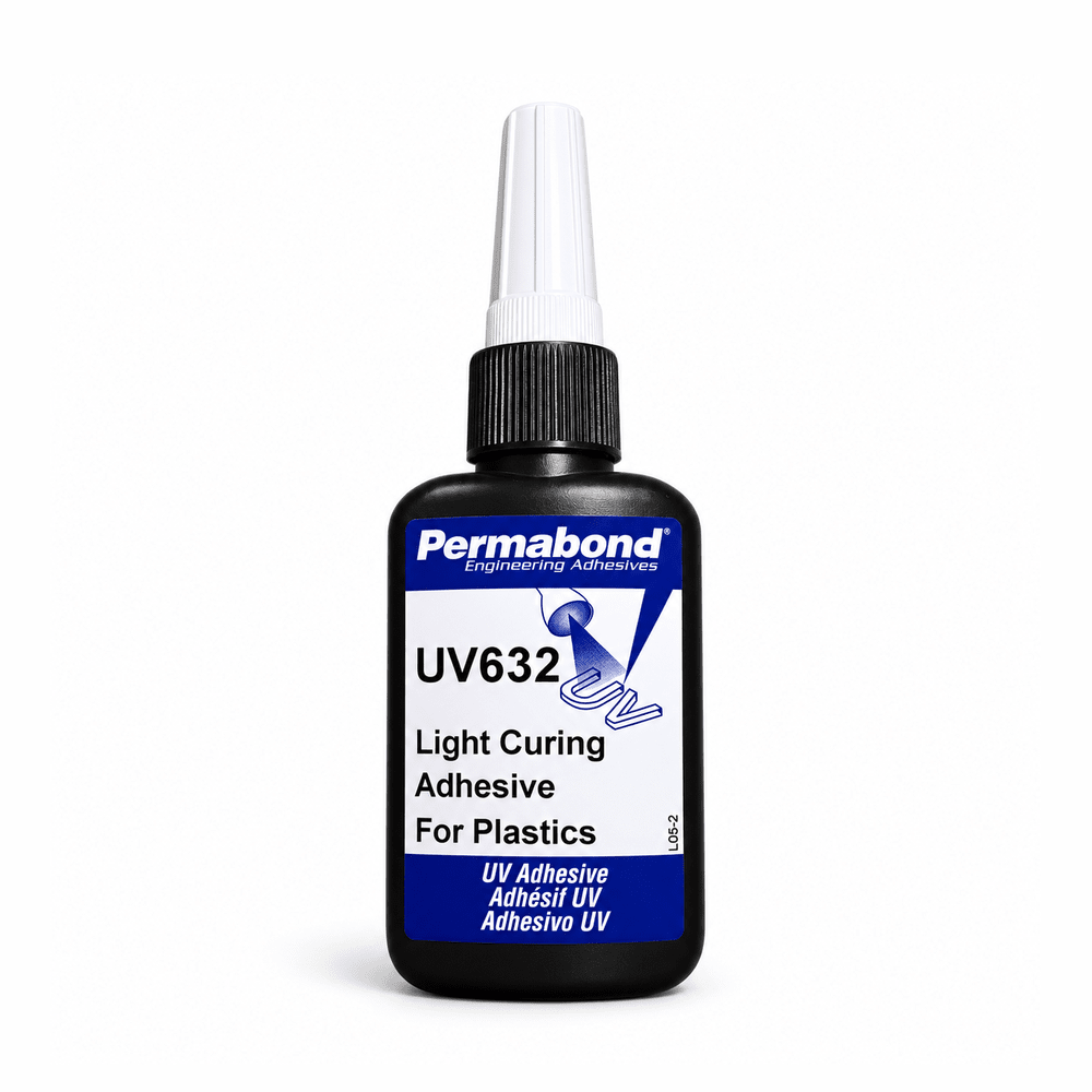 Permabond UV632 low viscosity thin UV glue optimized for Acrylic Plastics, also great for glass and other plastics Permabond