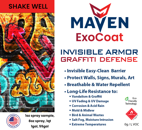 Maven Exocoat Graffiti Defense Transparent Protection from Paints, Animal Waste, UV Damage, Impervious Protective Clear Coat Sealant, Liquid Glass Silicon Dioxide (SiO2)