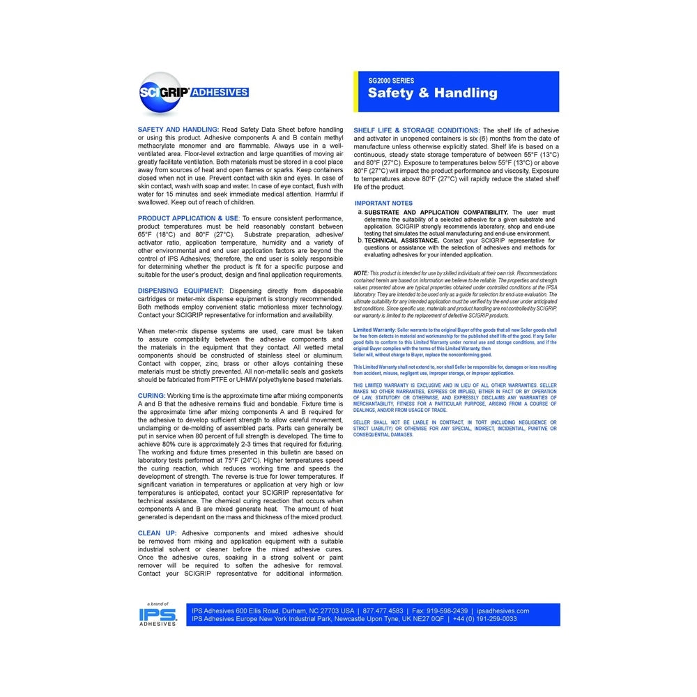 SG2000 Extended Work-Life Impact Resistant 1:1 Methacrylate Structural Adhesive SciGrip