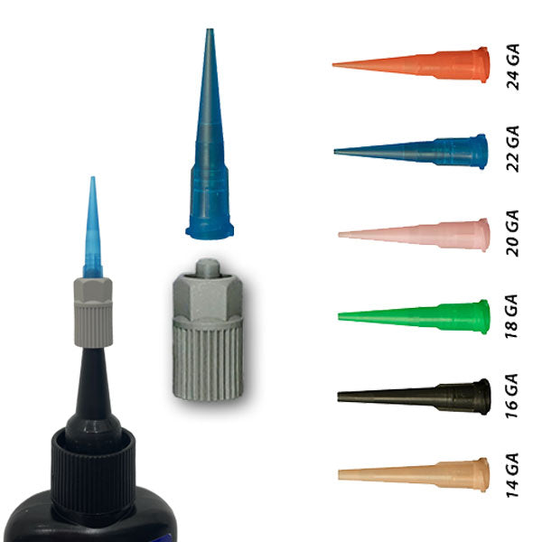 Plastic Dispensing Tip Kit for UV Adhesive Bottles (Plastic Taper Tips + Luer-Lock Adapter) Variety Packs - Plastic 1.25-Inch (14, 16, 18, 20, 22-Gauge)