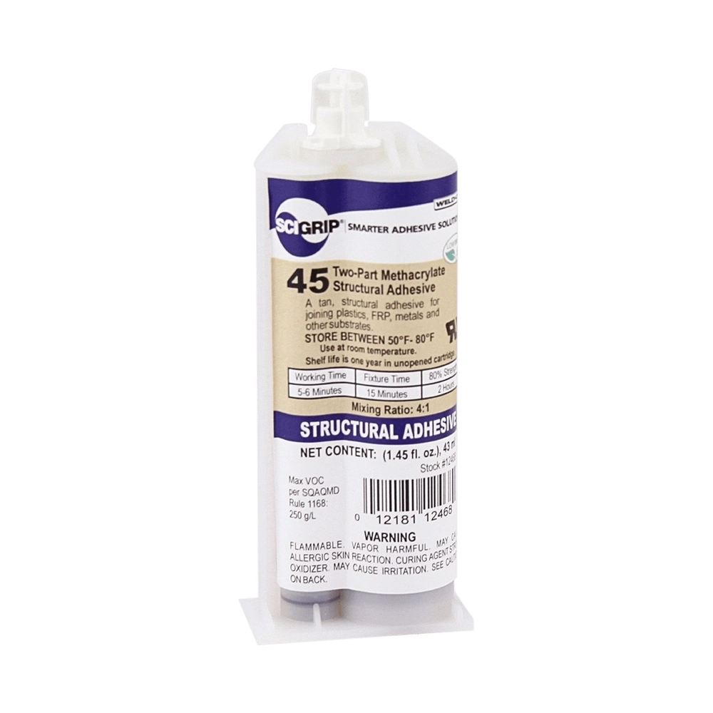 Weld-On SciGrip 45 Translucent Acrylic Adhesive for Primer-Less Bonding of Aluminum, Metals, and Acrylics - 6 to 9 Minute Working Time - 50mL and 490mL 10:1 Mix Ratio SciGrip