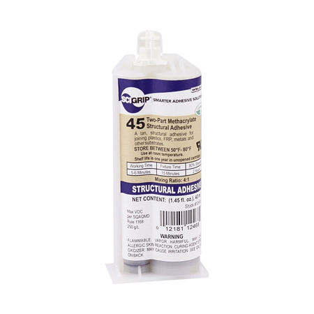 Weld-On SciGrip 45 Translucent Acrylic Adhesive for Primer-Less Bonding of Aluminum, Metals, and Acrylics - 6 to 9 Minute Working Time - 50mL and 490mL 10:1 Mix Ratio SciGrip
