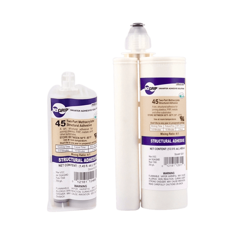 Weld-On SciGrip 45 Translucent Acrylic Adhesive for Primer-Less Bonding of Aluminum, Metals, and Acrylics - 6 to 9 Minute Working Time - 50mL and 490mL 10:1 Mix Ratio SciGrip