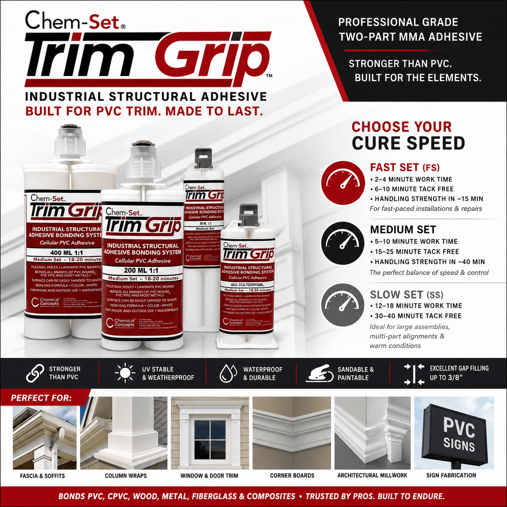 Chem-Set® TrimGrip™ PVC Trim Adhesive – Fast, Medium & Slow Set Structural MMA Adhesive for Cellular PVC, Wood, Metal & Composite Trim Chem-Set