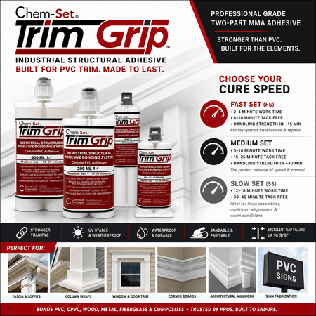 Chem-Set® TrimGrip™ PVC Trim Adhesive – Fast, Medium & Slow Set Structural MMA Adhesive for Cellular PVC, Wood, Metal & Composite Trim Chem-Set