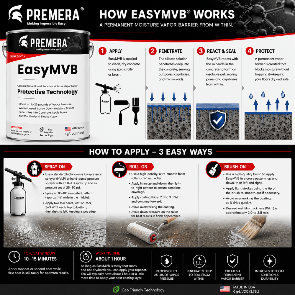Premera EasyMVB Moisture Vapor Barrier Primer – Concrete, Brick, Clay Tile & Impervious Surface Sealer Premera Coatings