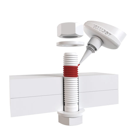 Diagram showing red threadlocker applied to metal bolt threads before nut assembly
