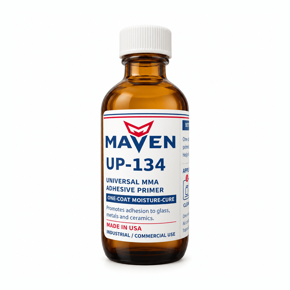 Maven UP-134 Universal MMA Adhesive Primer, one-coat moisture-cure primer in amber glass bottle