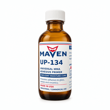 Maven UP-134 Universal MMA Adhesive Primer, one-coat moisture-cure primer in amber glass bottle