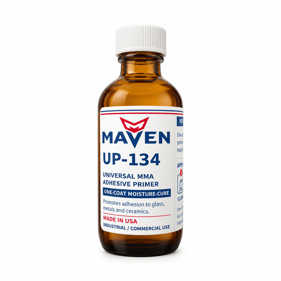 Maven UP-134 Universal MMA Adhesive Primer, one-coat moisture-cure primer in amber glass bottle