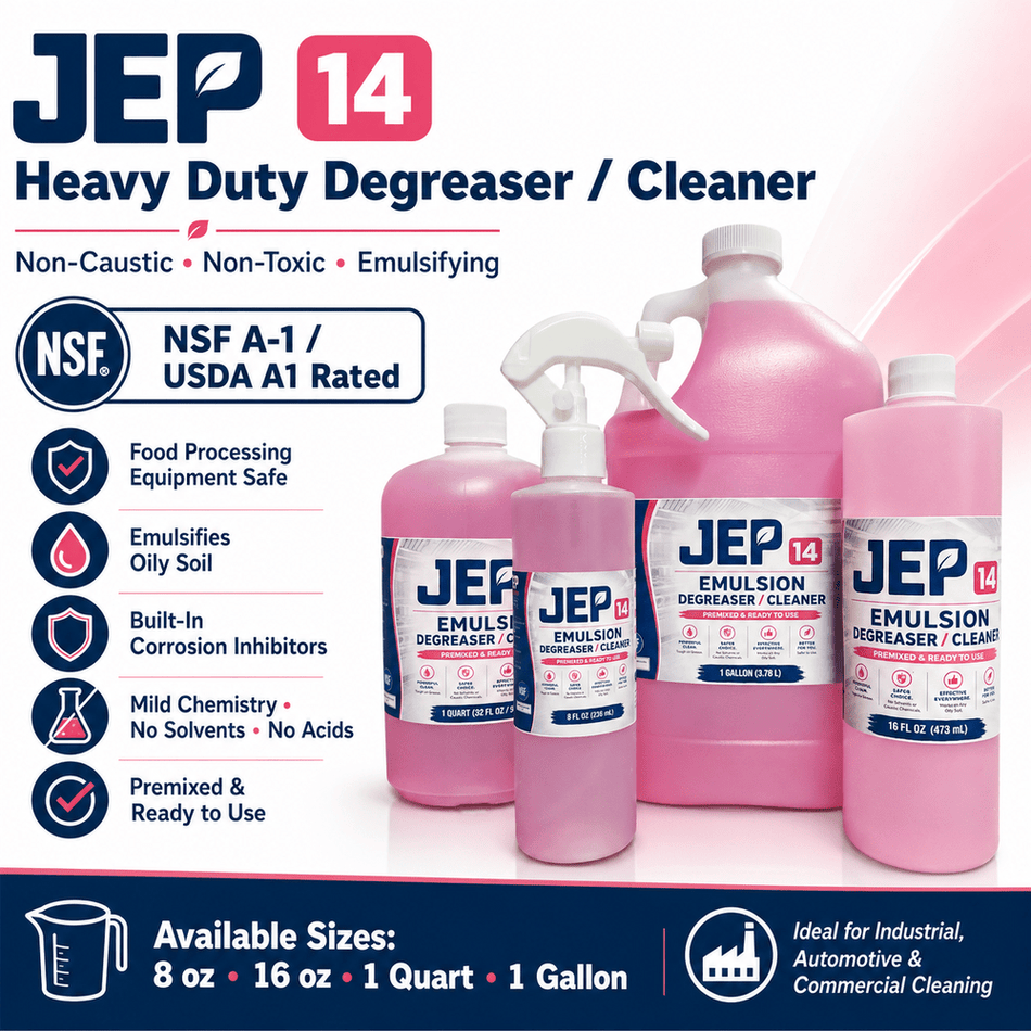JEP-14 Heavy Duty Degreaser Cleaner Non-Caustic Non-Toxic Emulsifying USDA A1 Rated Safe for Food & Processing Equipment NSF A-1 Jep14